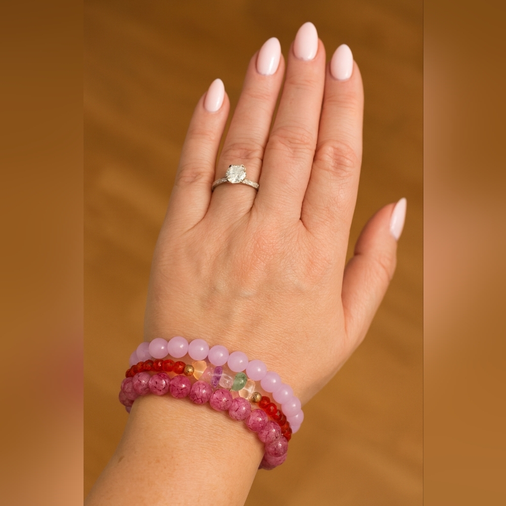 Beaded Bracelets Set Of Three Stacked Rose Quarts Natural